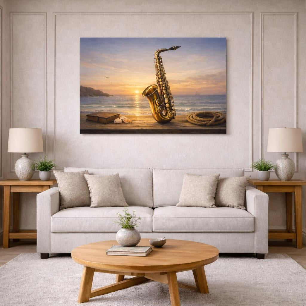 Seascape Saxophone shown as canvas wall art in a modern living room