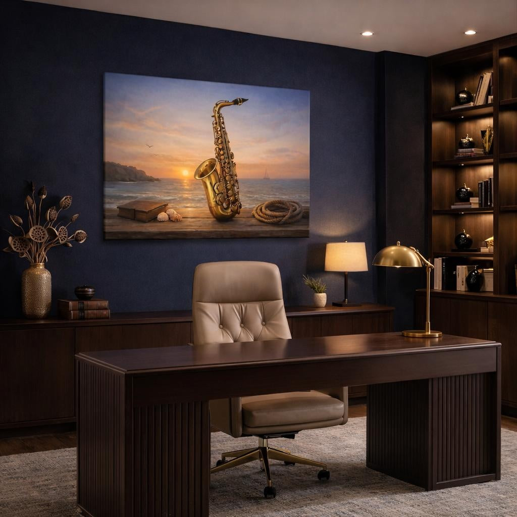Seascape Saxophone shown as canvas wall art in a refined dining room