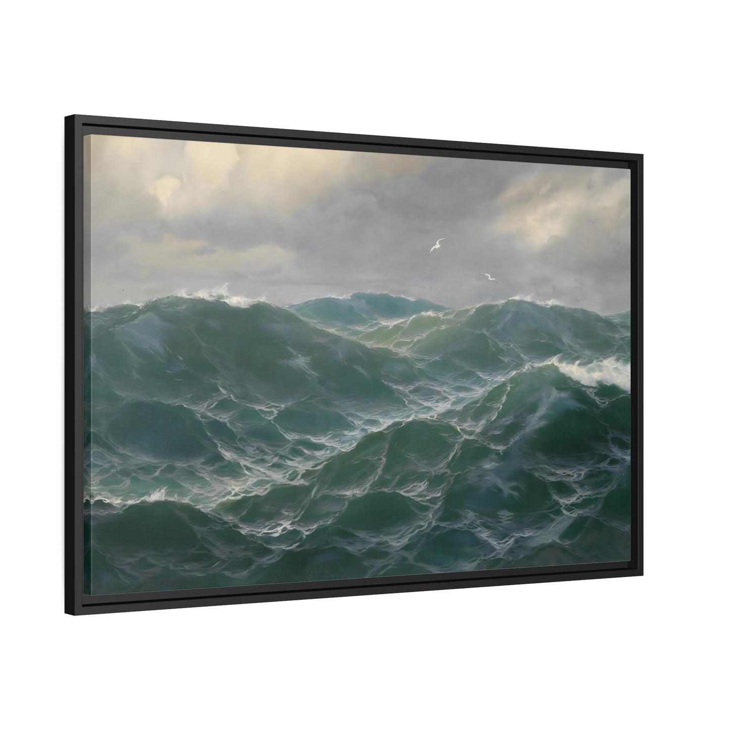 Seascape Seagulls Marine - Sea Landscape Framed Canvas Wall Art Print in Black Frame