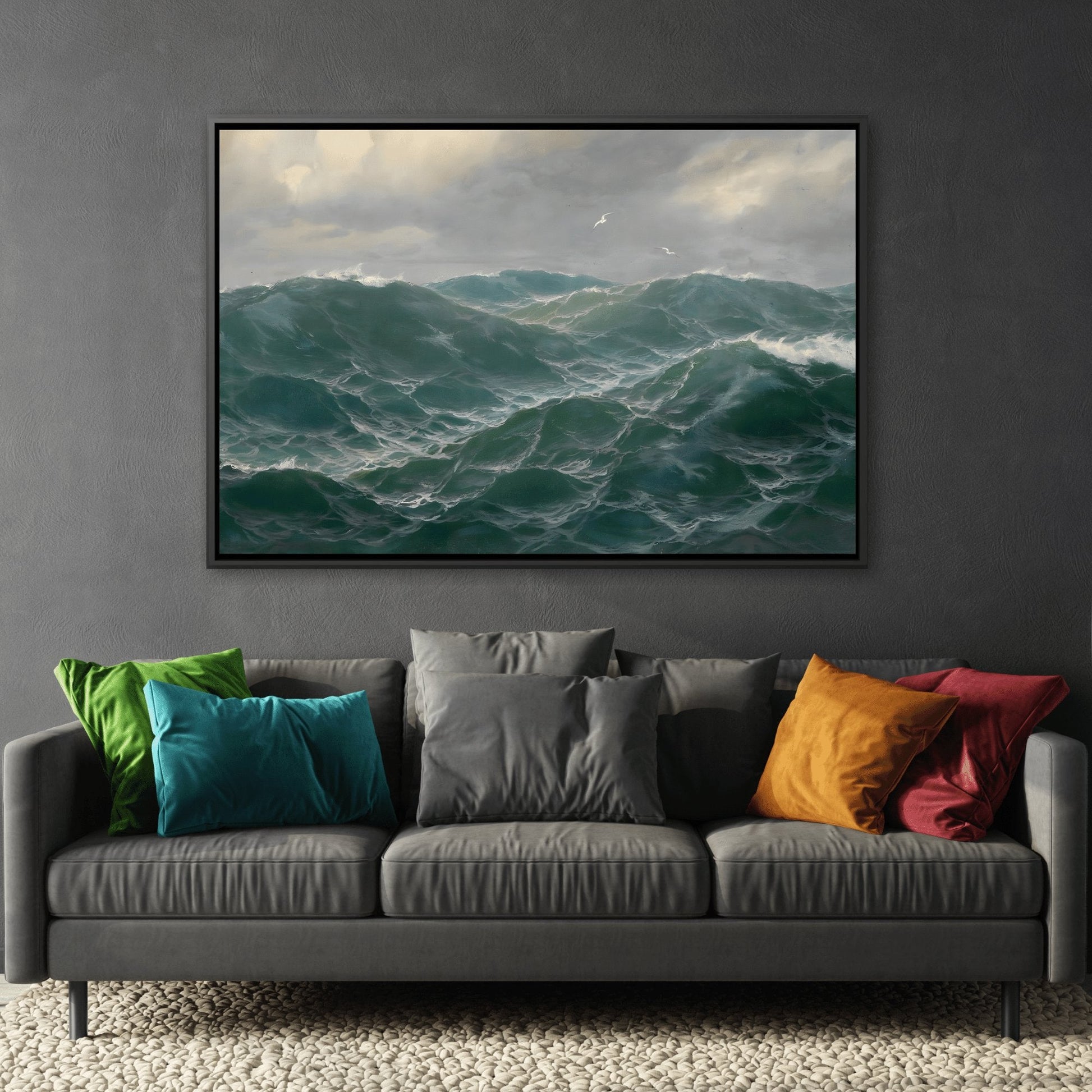 Seascape Seagulls Marine - Sea Landscape Framed Canvas Wall Art Print in Black Frame