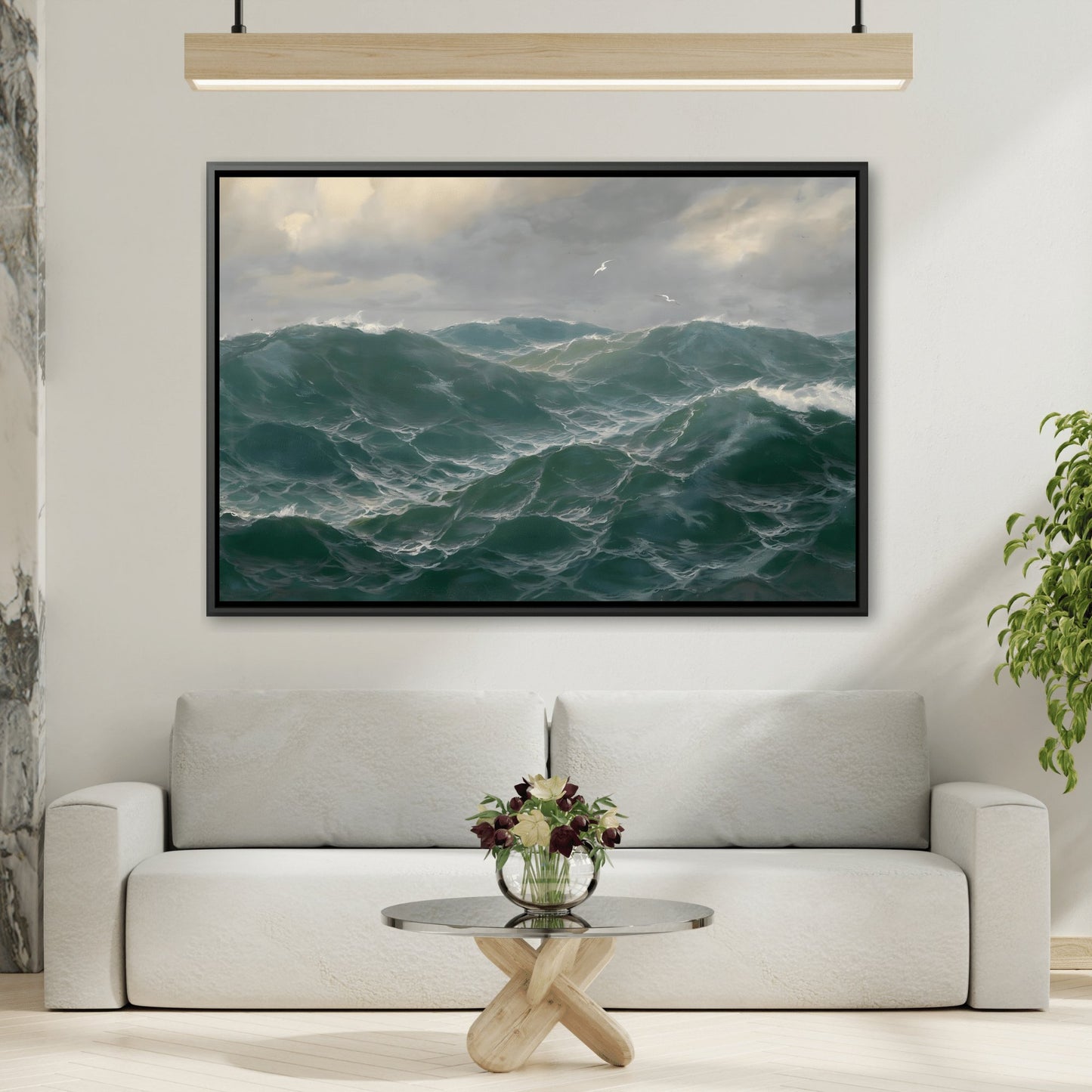 Seascape Seagulls Marine - Sea Landscape Framed Canvas Wall Art Print in Black Frame