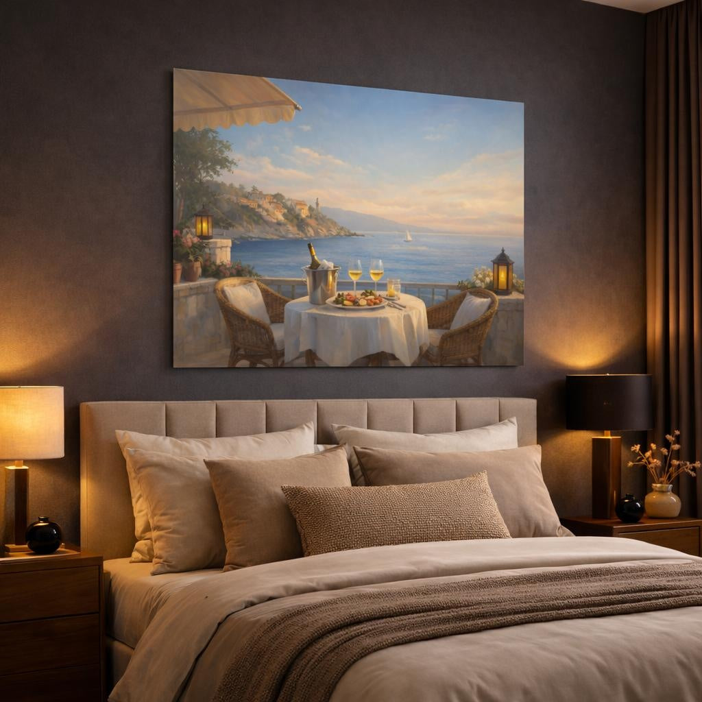 Seascape Seaside Bistro Terrace shown as canvas wall art in a luxury bedroom