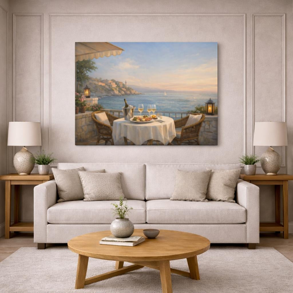 Seascape Seaside Bistro Terrace shown as canvas wall art in a modern living room