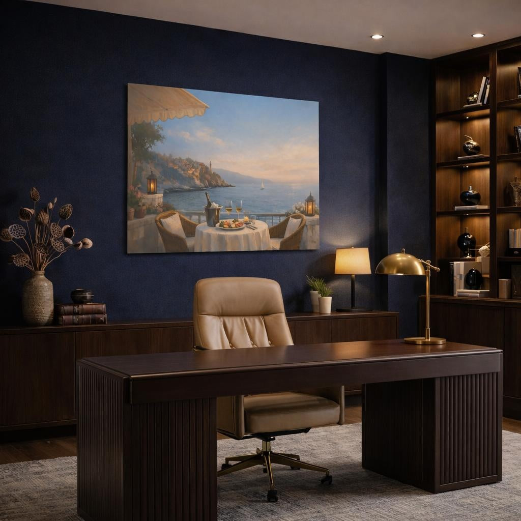 Seascape Seaside Bistro Terrace shown as canvas wall art in a refined dining room