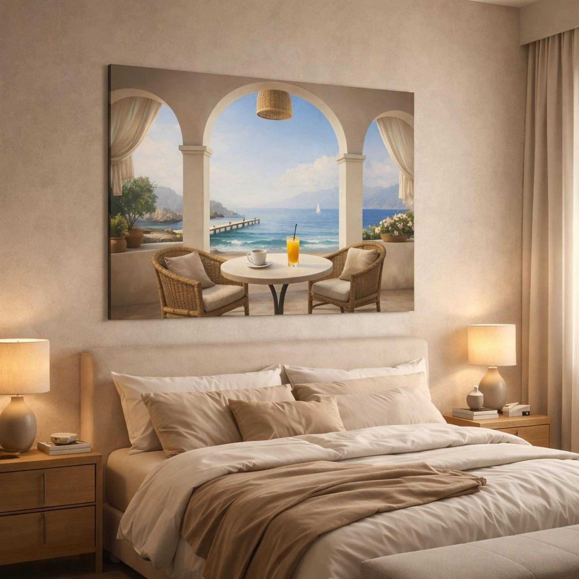 Seascape Seaside Cafe Arch shown as canvas wall art in a luxury bedroom