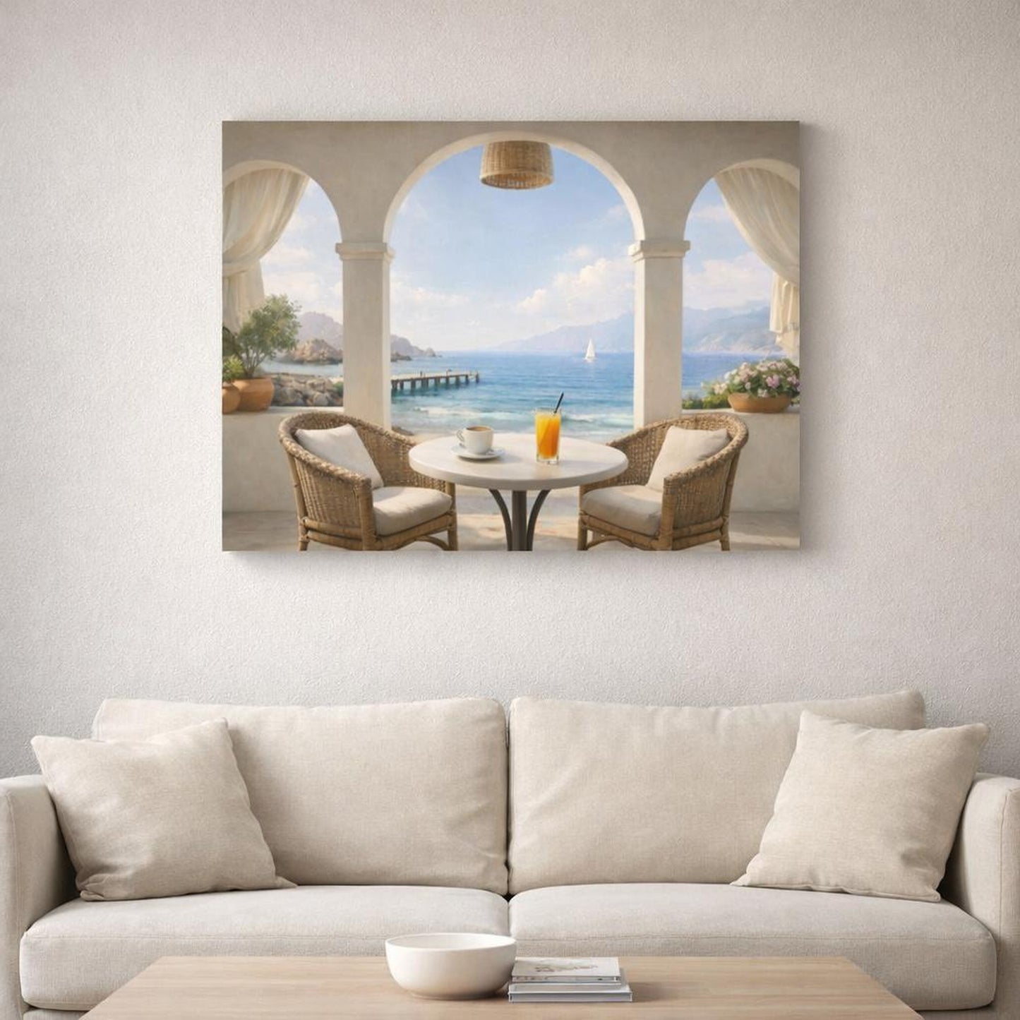 Seascape Seaside Cafe Arch shown as canvas wall art in a refined dining room