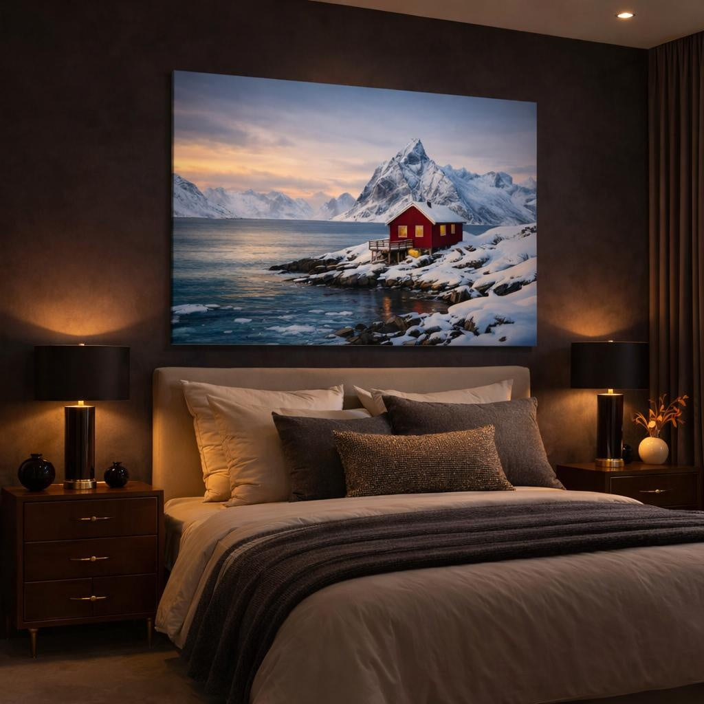 Seascape Snowy Cabin shown as canvas wall art in a luxury bedroom