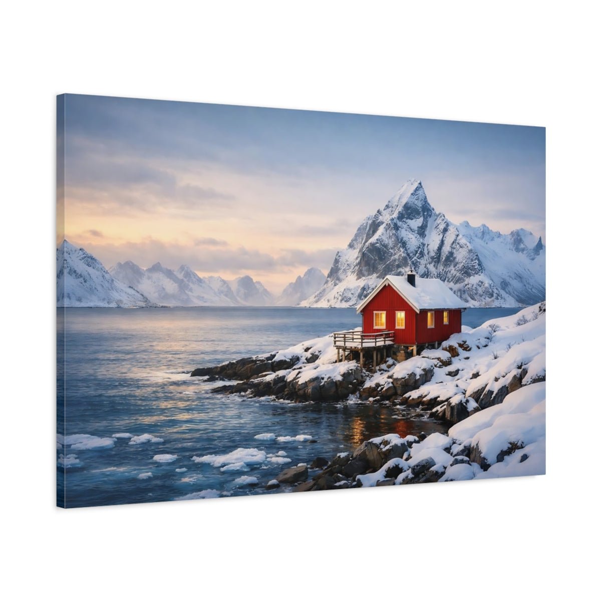 Seascape Snowy Cabin Red House Nature - Canvas Wall Art Print - YesArtYes