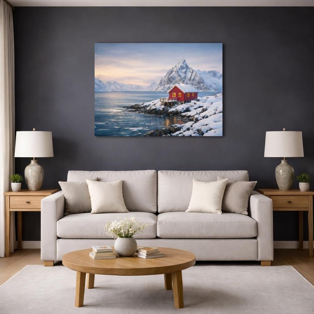 Seascape Snowy Cabin Red House Nature - Canvas Wall Art Print - YesArtYes