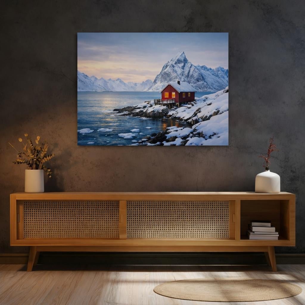 Seascape Snowy Cabin Red House Nature - Canvas Wall Art Print - YesArtYes