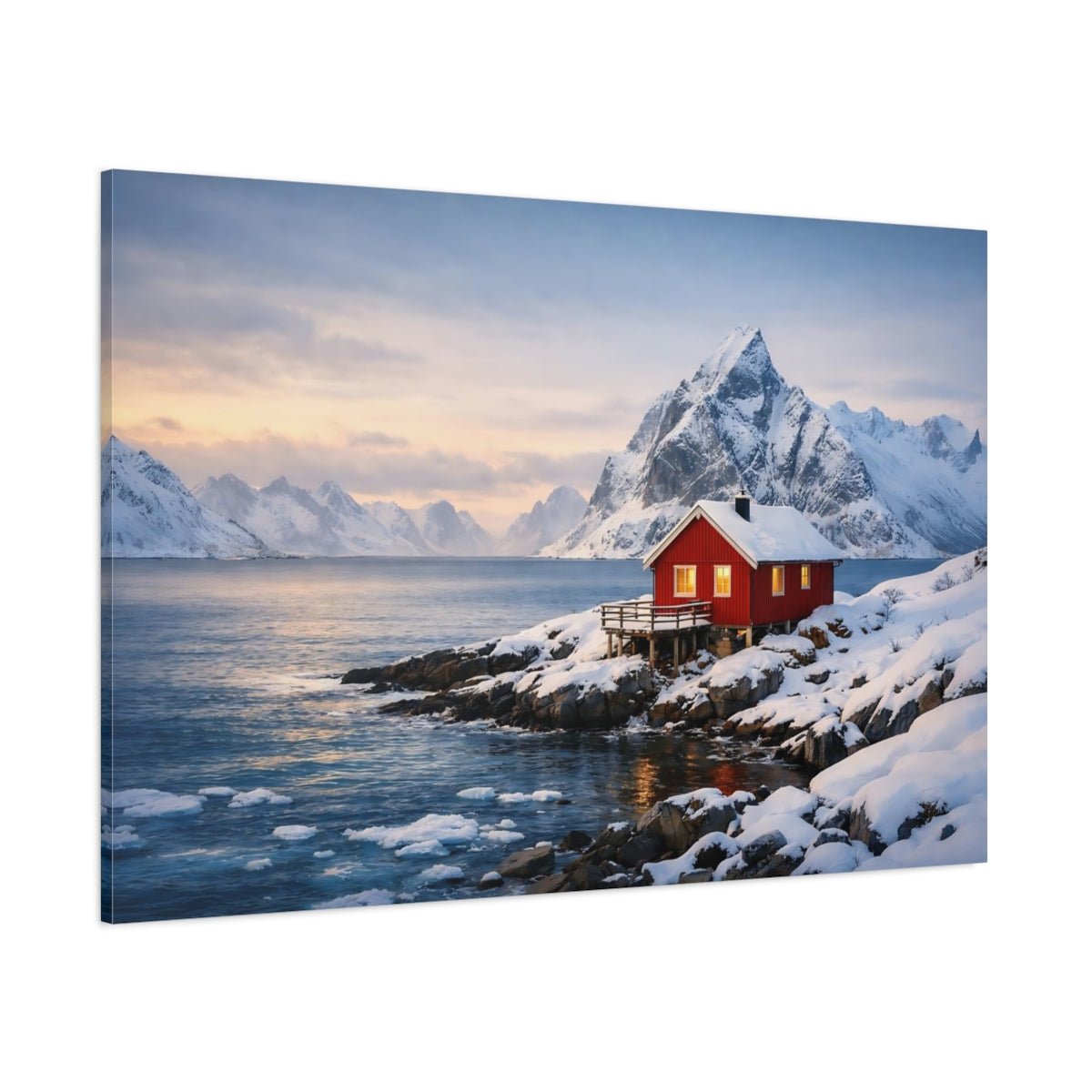 Seascape Snowy Cabin Red House Nature - Canvas Wall Art Print - YesArtYes