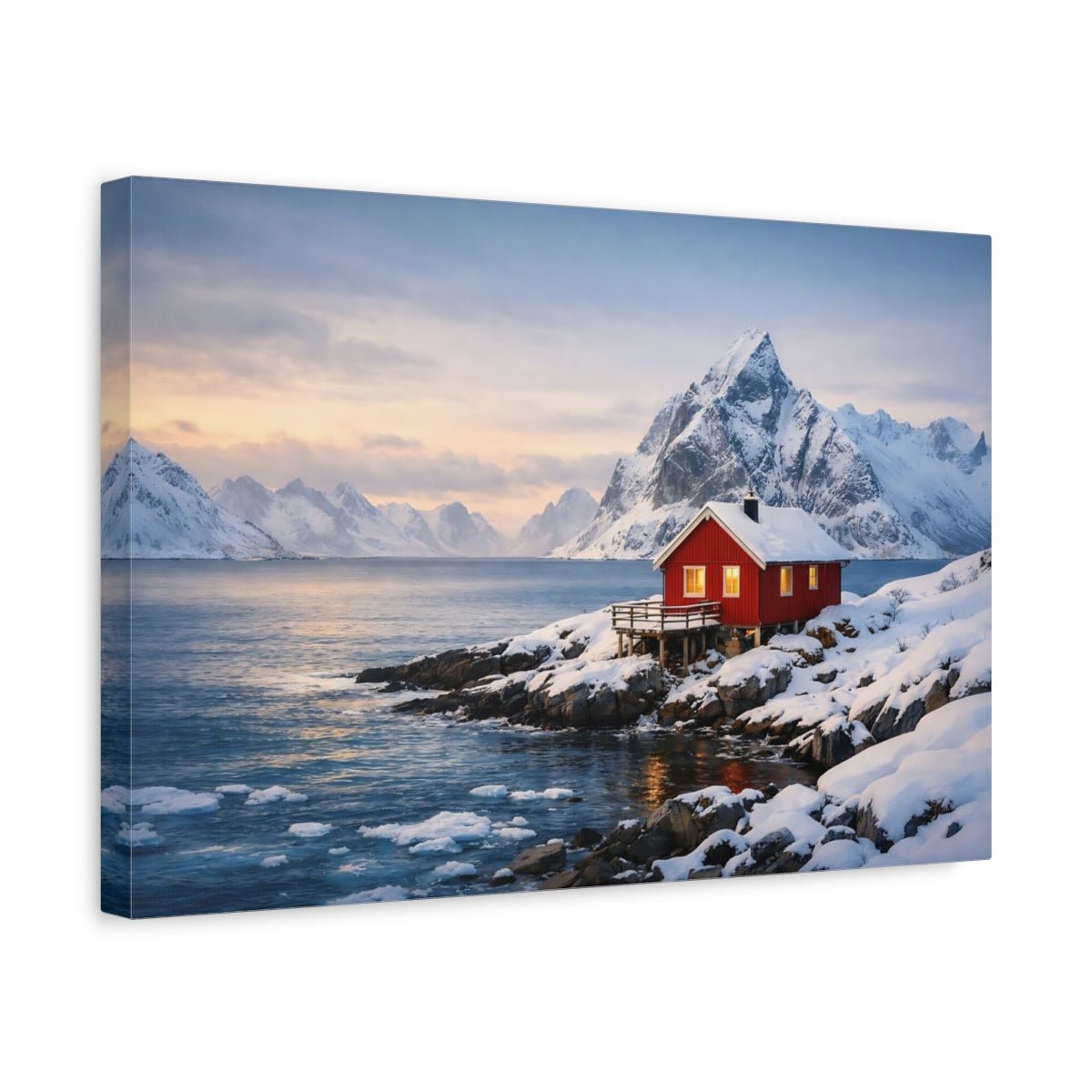Seascape Snowy Cabin Red House Nature - Canvas Wall Art Print - YesArtYes