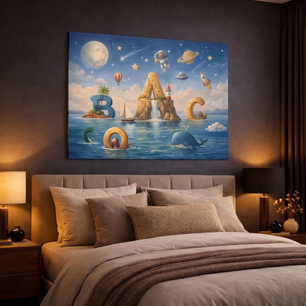 Seascape Space Alphabet Nursery shown as canvas wall art in a luxury bedroom