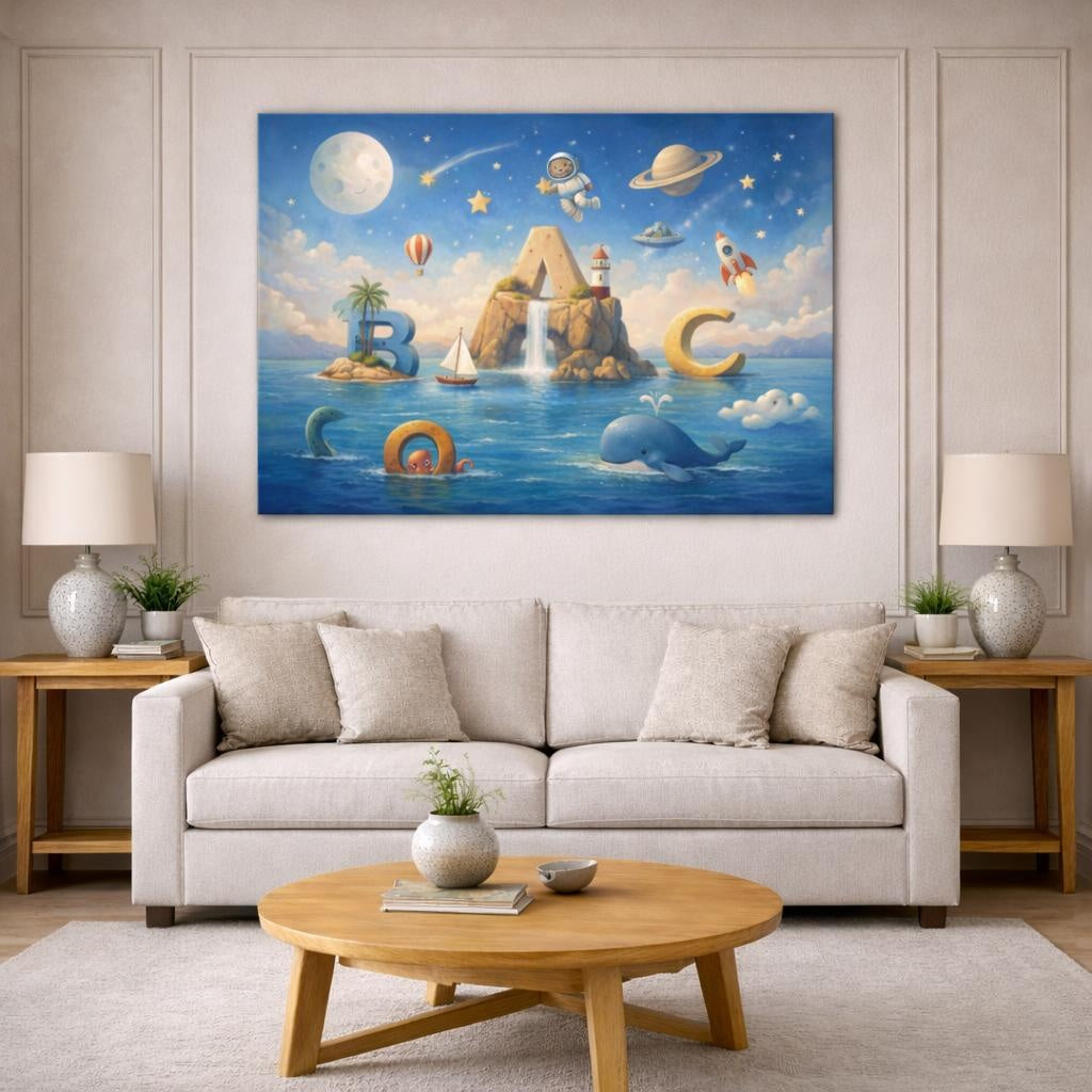 Seascape Space Alphabet Nursery shown as canvas wall art in a modern living room