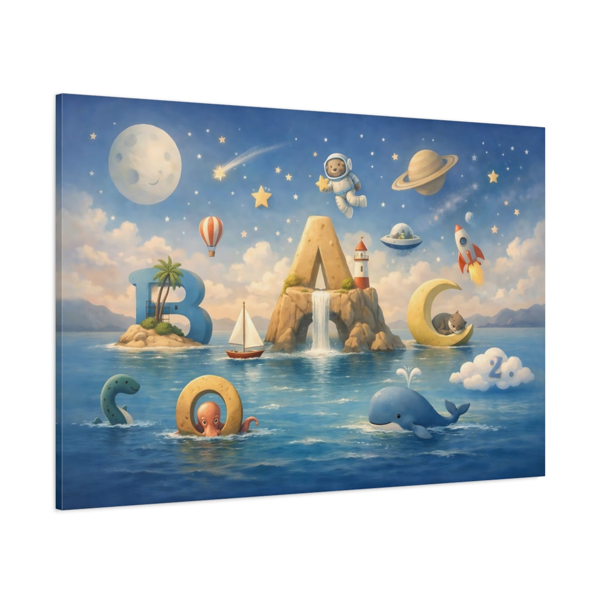 Seascape Space Alphabet Nursery shown as stretched canvas wall art