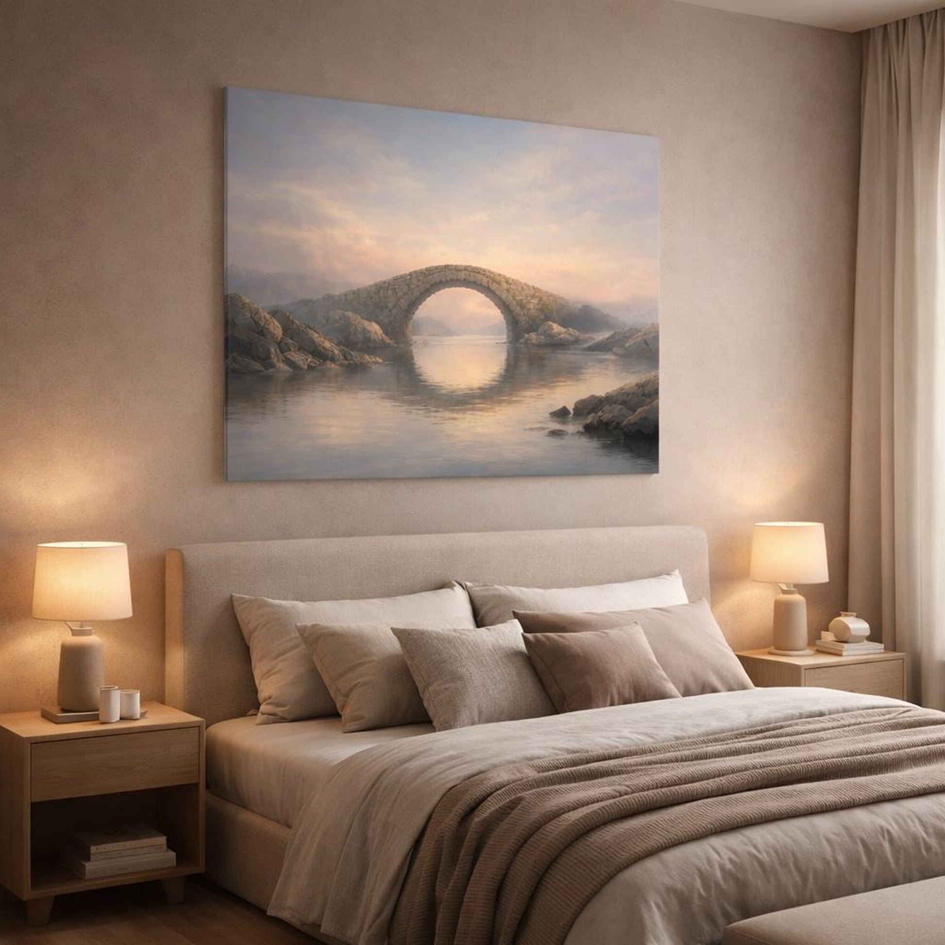 Seascape Stone Bridge shown as canvas wall art in a luxury bedroom