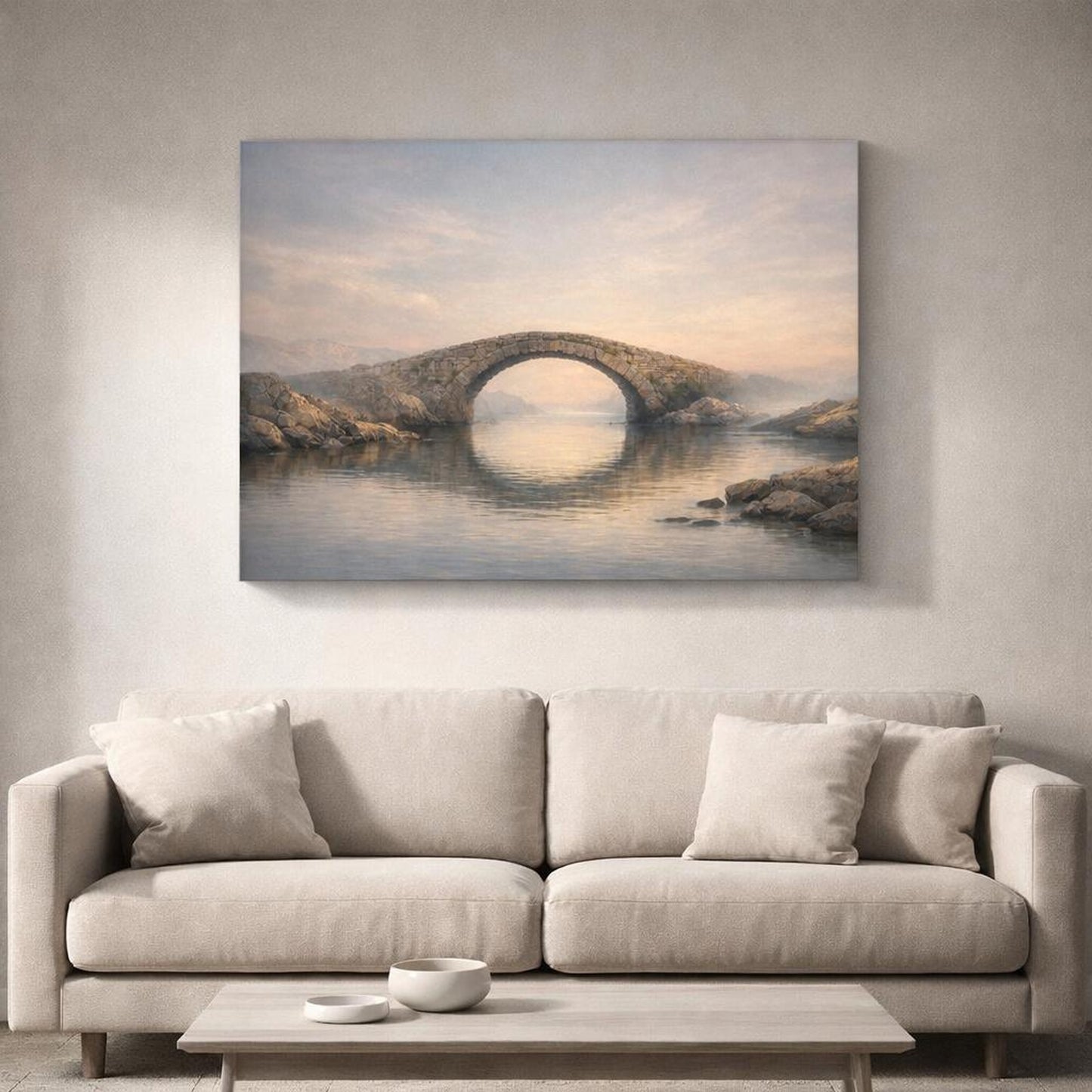 Seascape Stone Bridge shown as canvas wall art in a luxury executive office