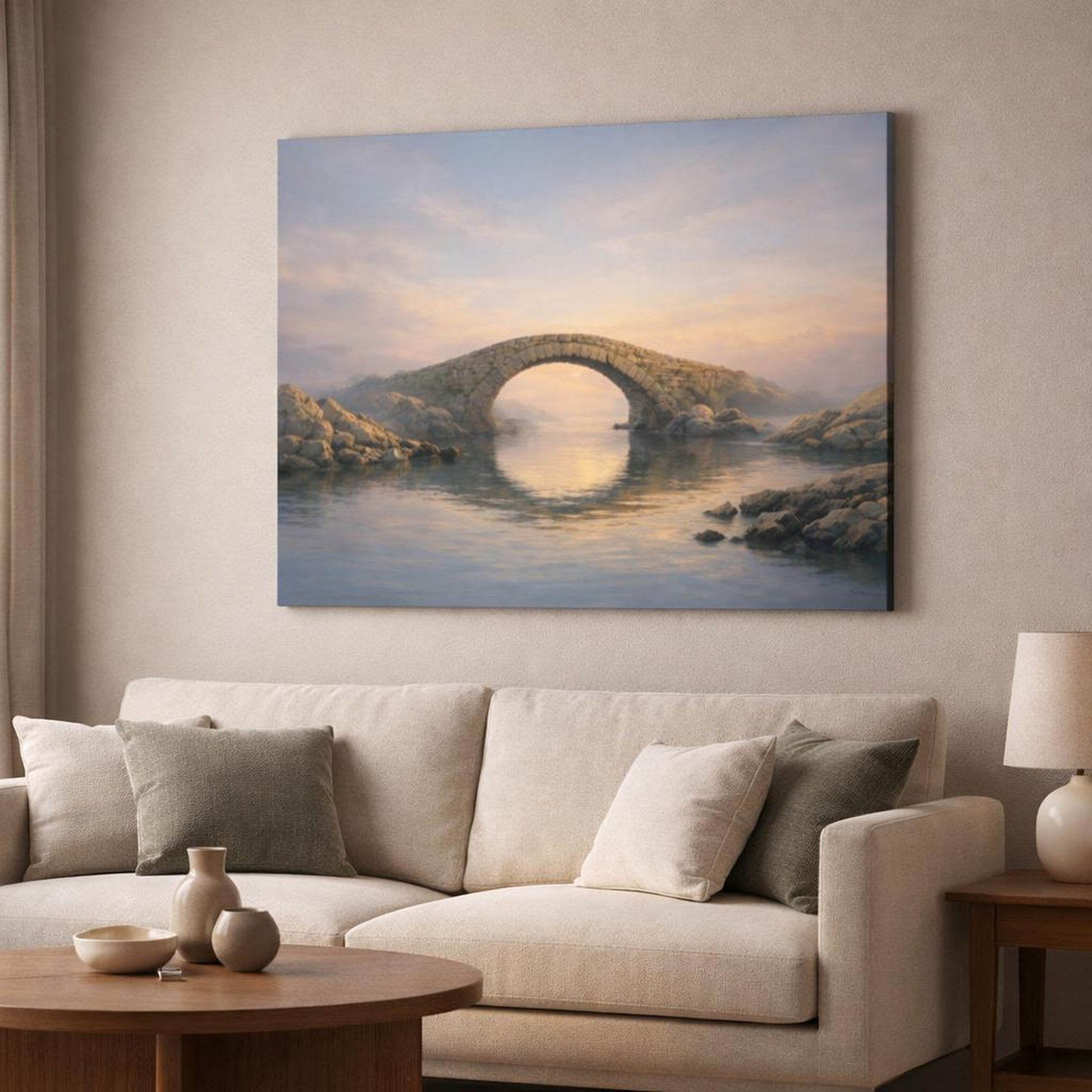 Seascape Stone Bridge shown as canvas wall art in a modern living room