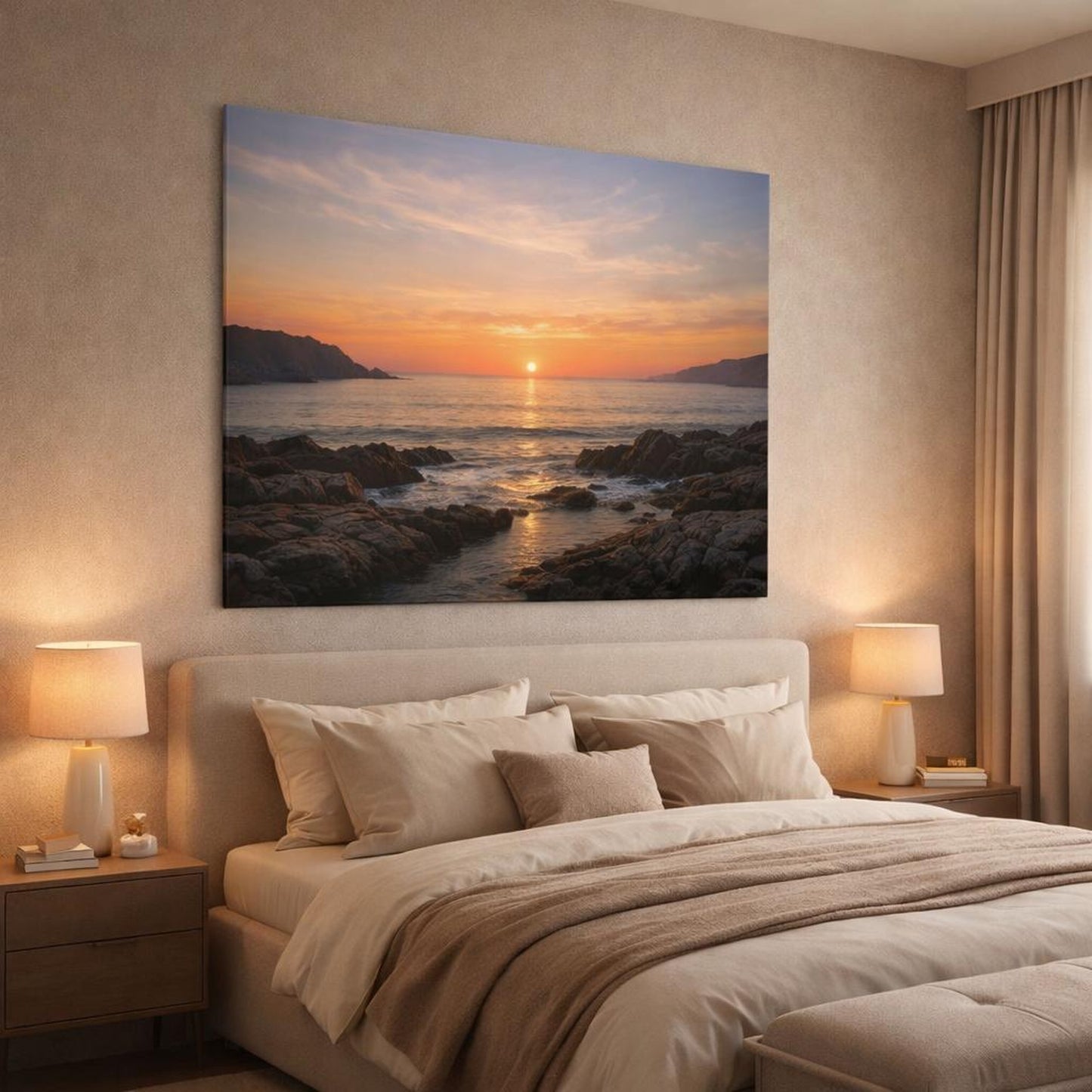 Seascape Sunset Coast shown as canvas wall art in a luxury bedroom