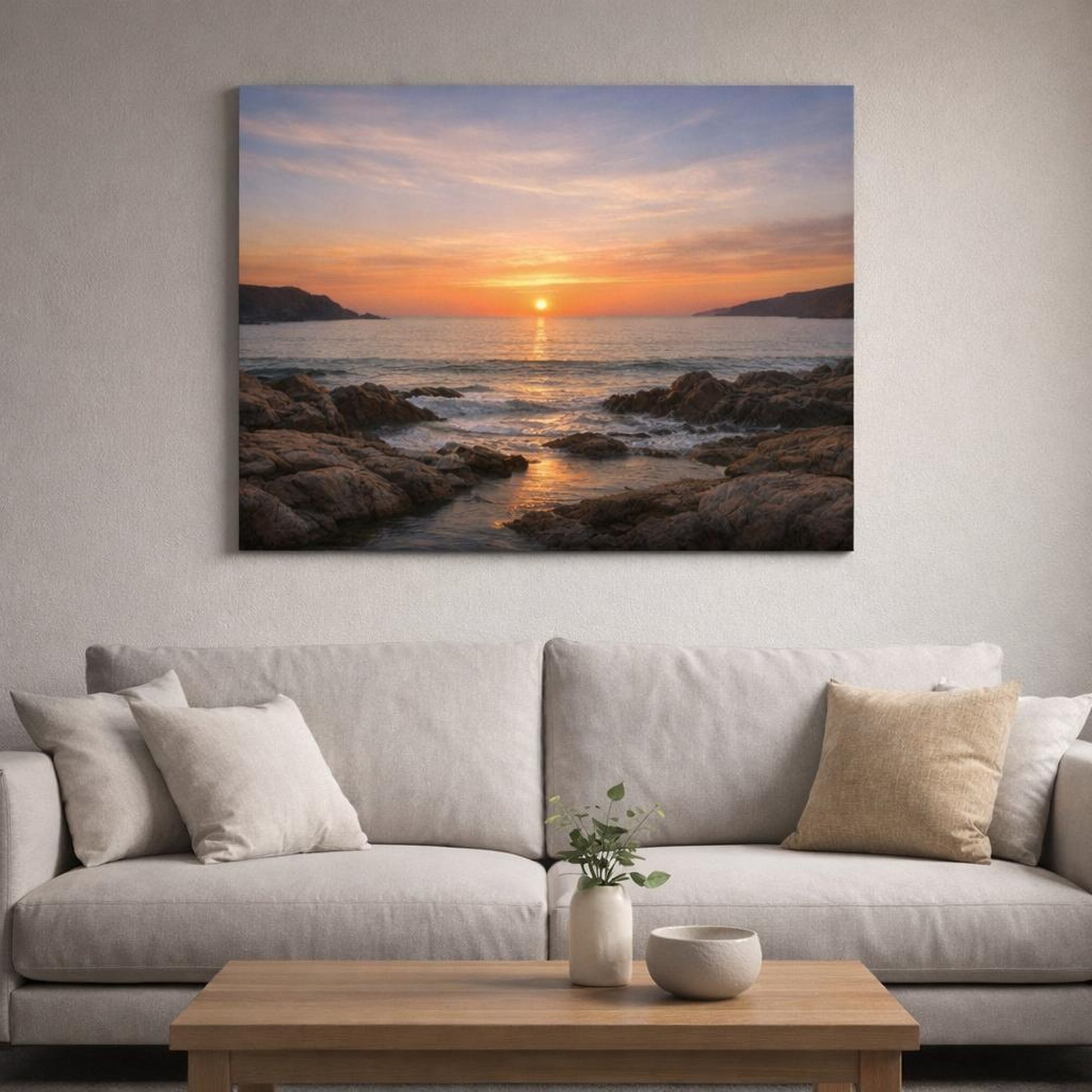 Seascape Sunset Coast shown as canvas wall art in a refined dining room