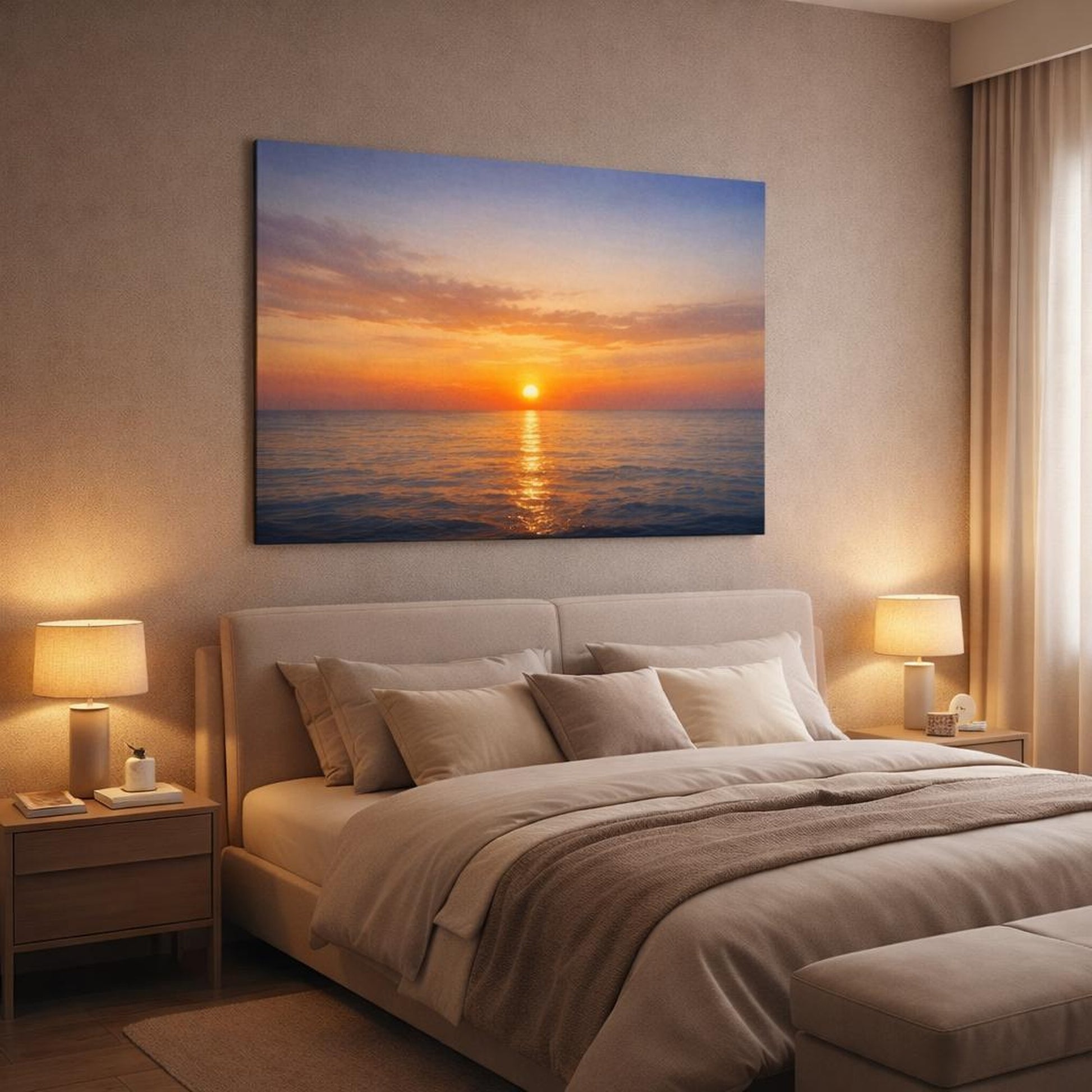 Seascape Sunset Horizon shown as canvas wall art in a luxury bedroom