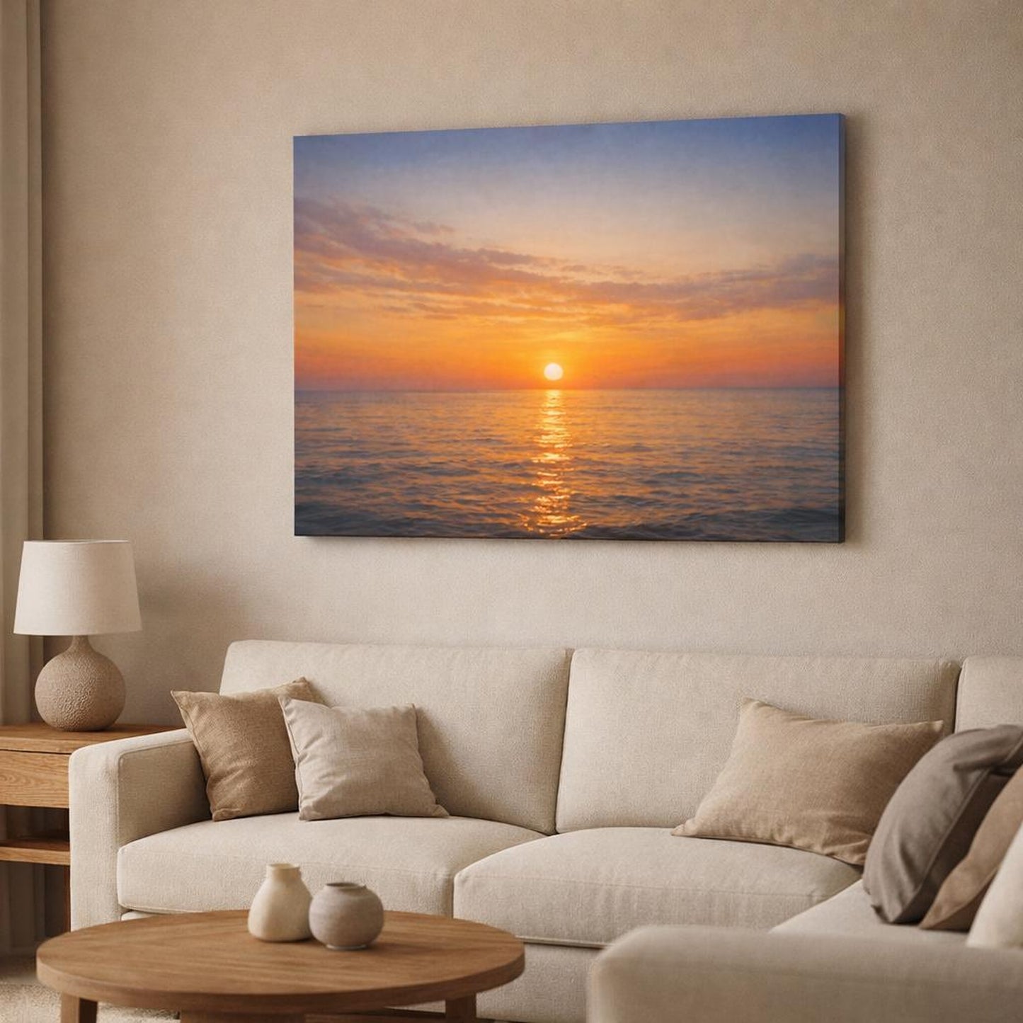 Seascape Sunset Horizon shown as canvas wall art in a modern living room