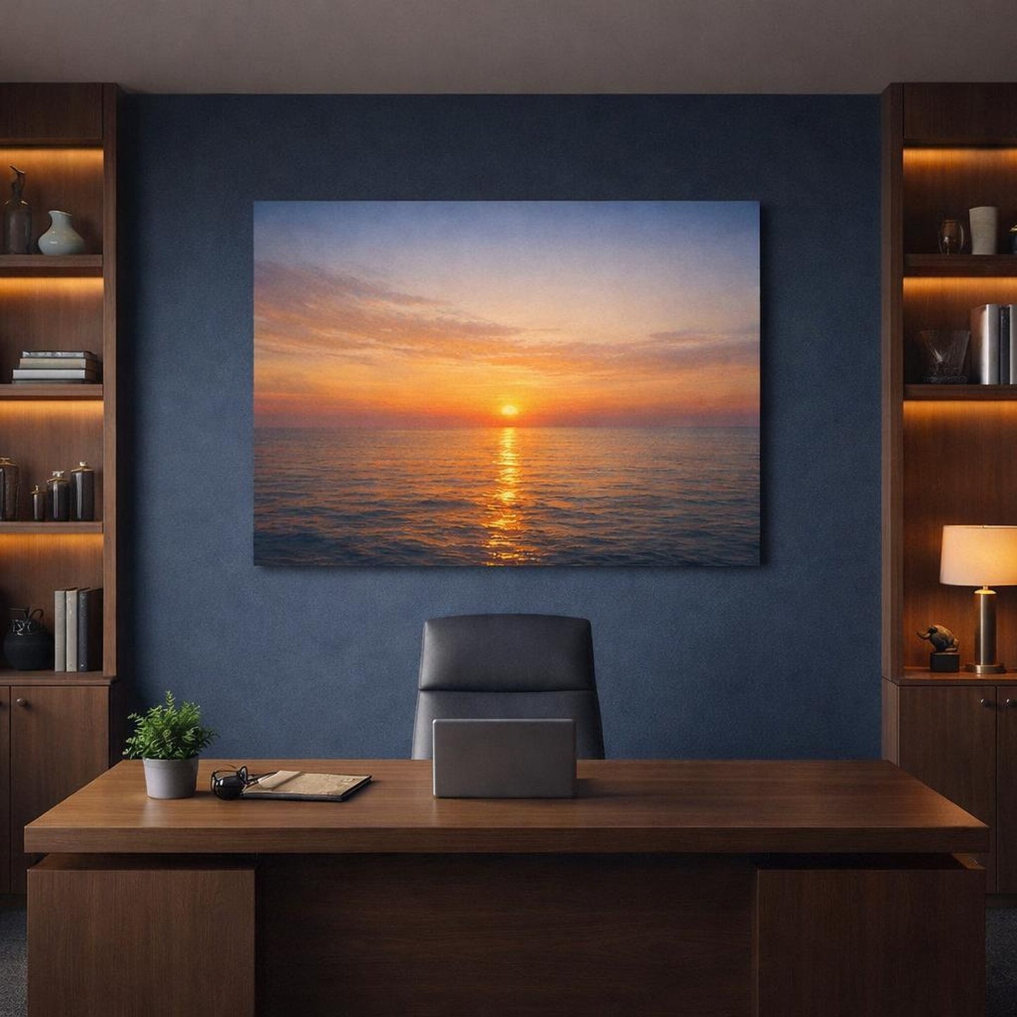 Seascape Sunset Horizon shown as canvas wall art in a refined dining room