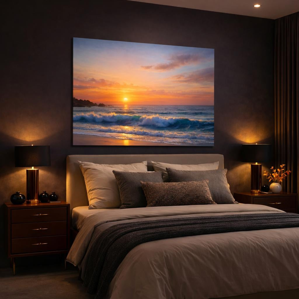 Seascape Sunset Ocean shown as canvas wall art in a luxury bedroom
