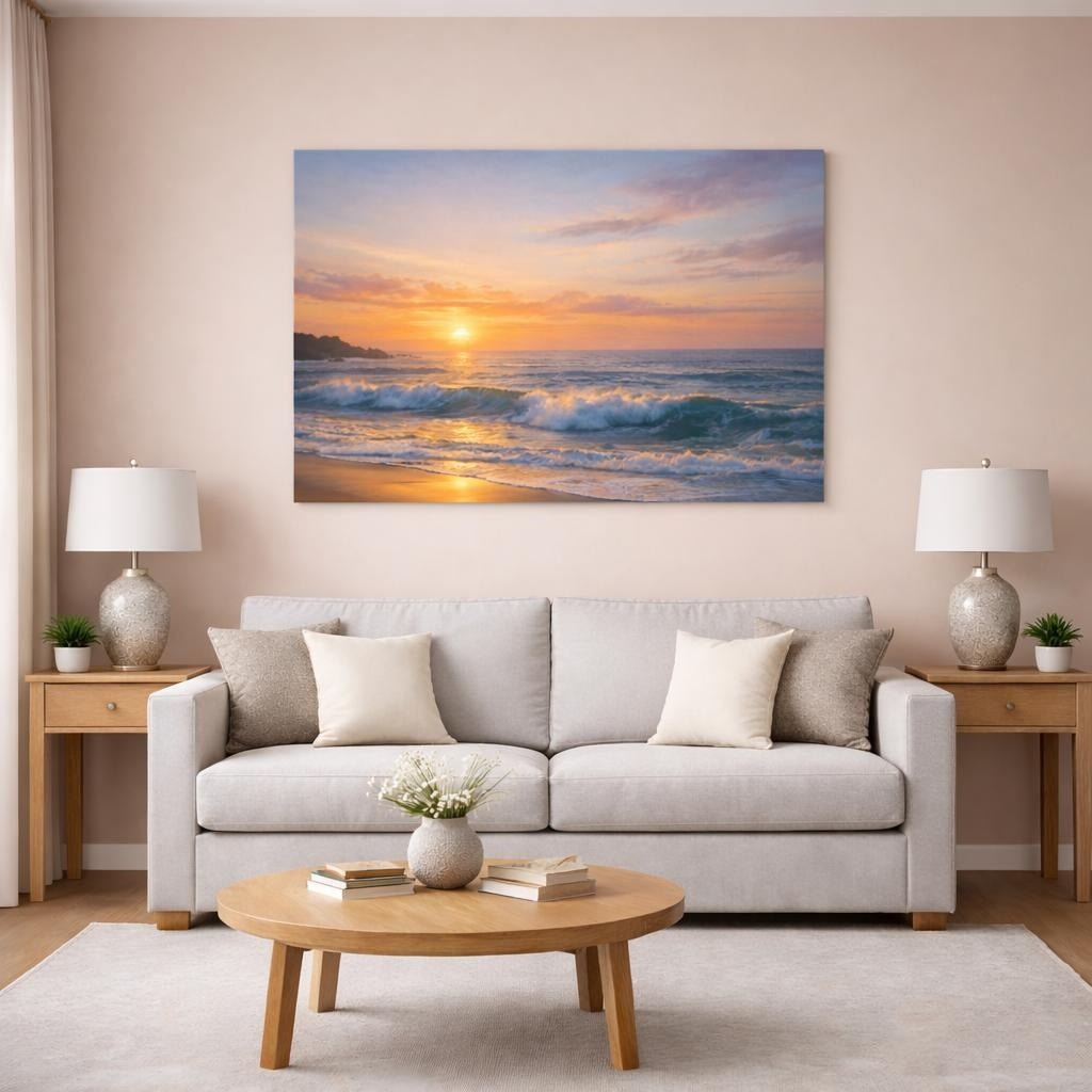 Seascape Sunset Ocean shown as canvas wall art in a modern living room