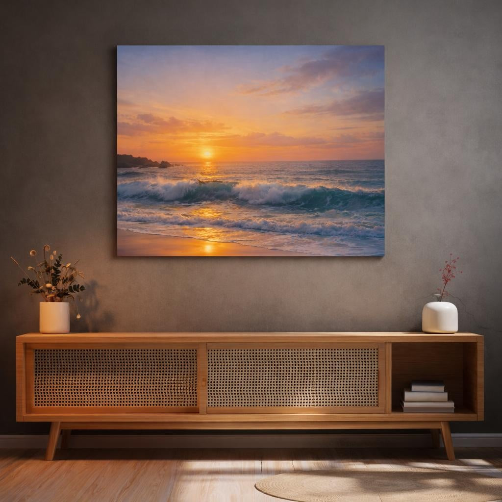 Seascape Sunset Ocean shown as canvas wall art in a refined dining room