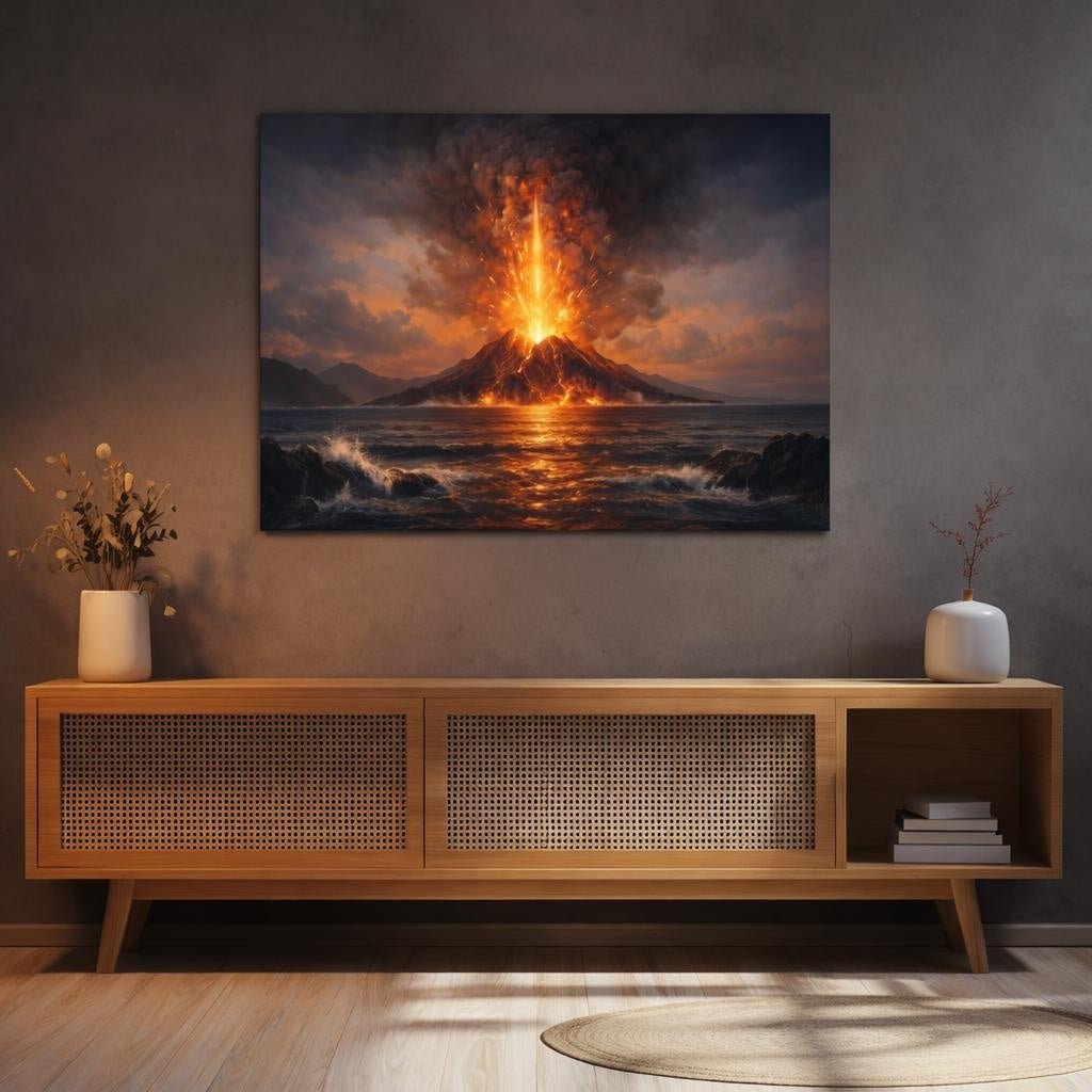 Seascape Volcano Eruption Nature - Canvas Wall Art Print - YesArtYes