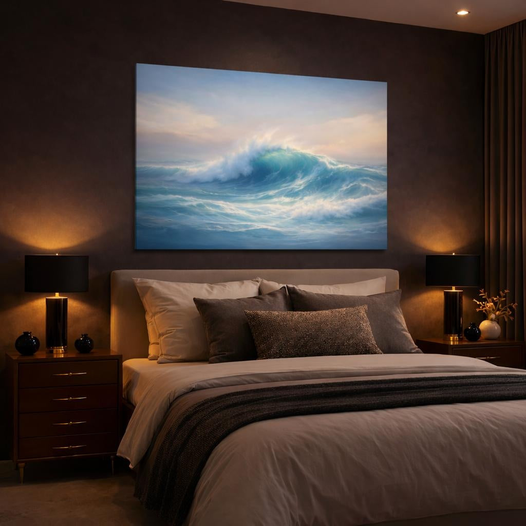Seascape Wave Abstract shown as canvas wall art in a luxury bedroom