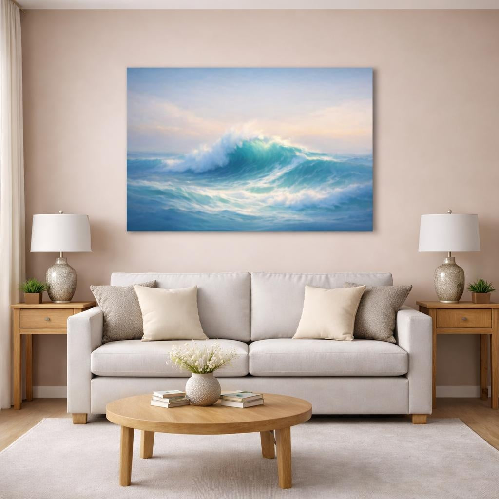 Seascape Wave Abstract shown as canvas wall art in a modern living room