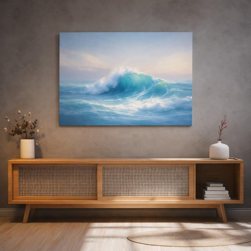 Seascape Wave Abstract shown as canvas wall art in a luxury executive office