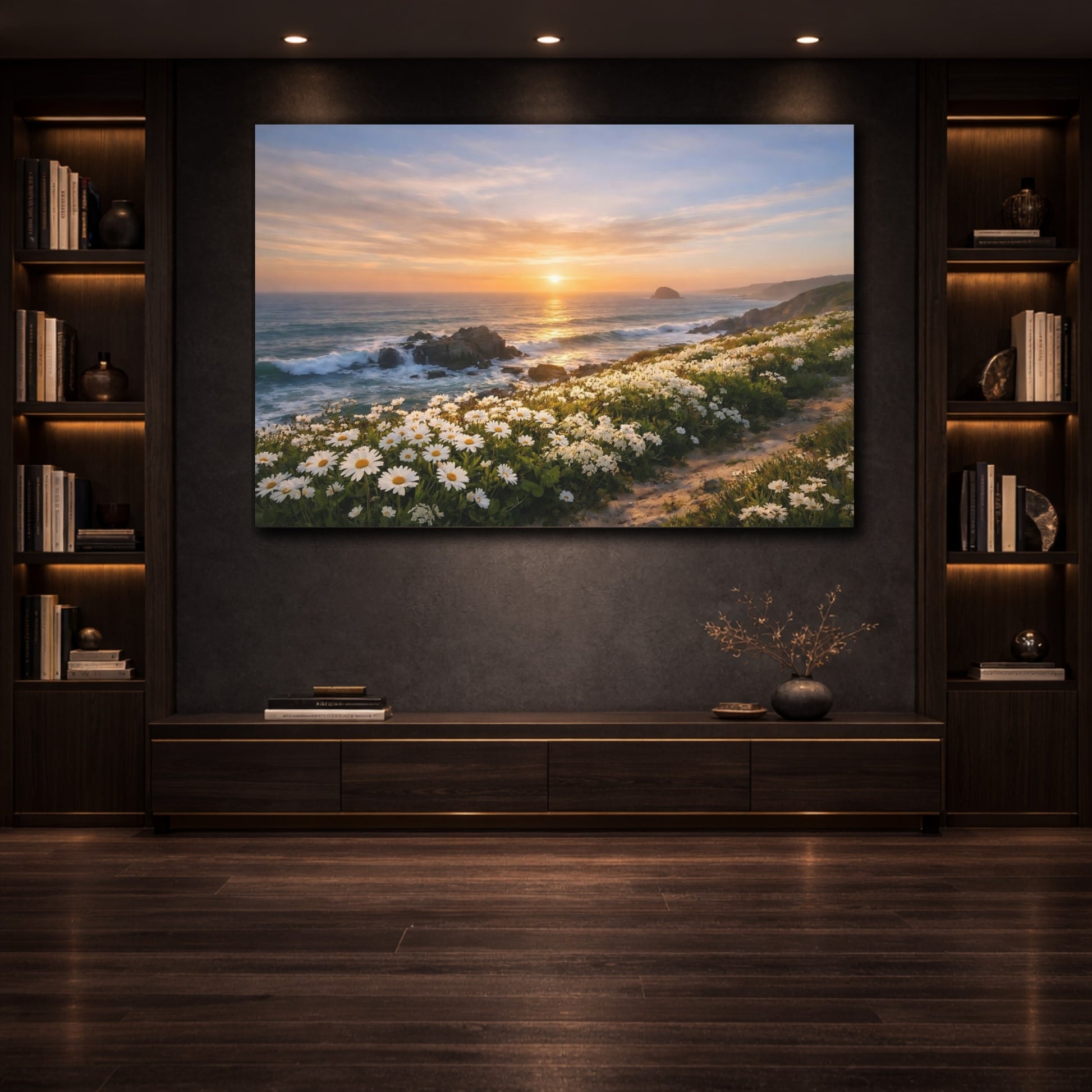 Mockup 2. Seascape White Flowers shown as stretched canvas wall art