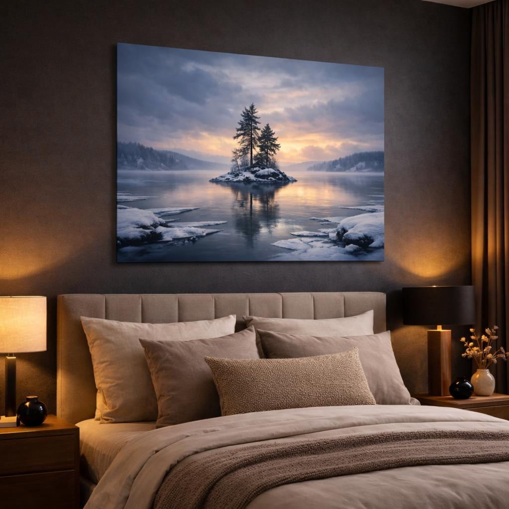 Seascape Winter Lake shown as canvas wall art in a luxury bedroom