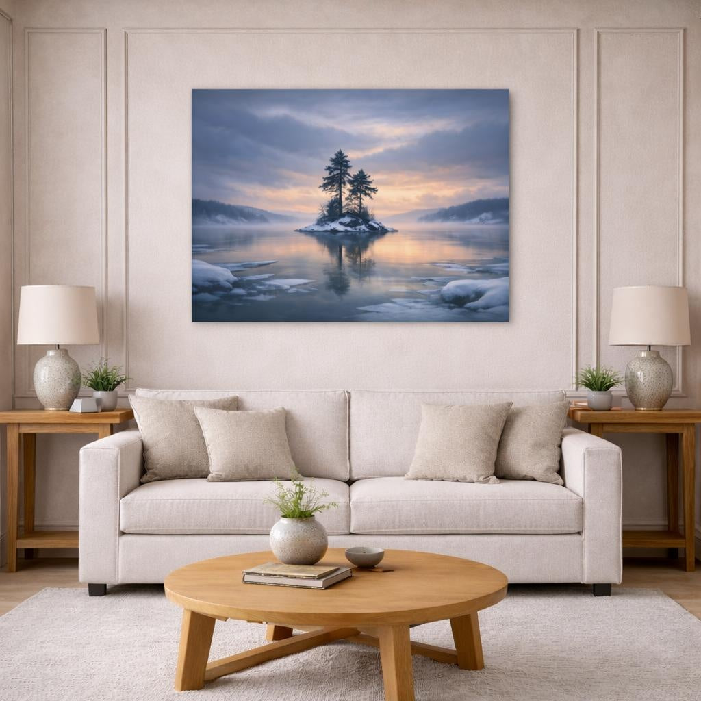 Seascape Winter Lake shown as canvas wall art in a modern living room