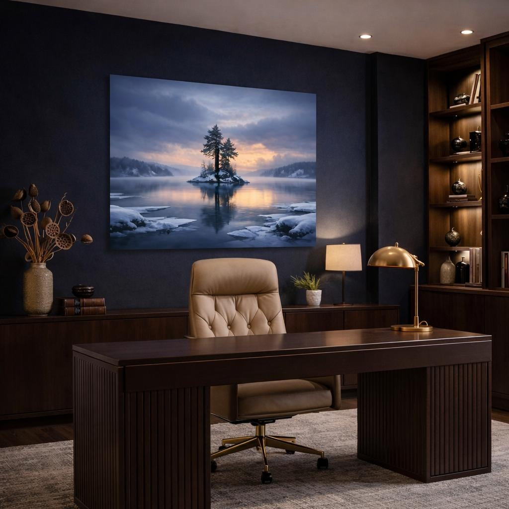 Seascape Winter Lake shown as canvas wall art in a refined dining room