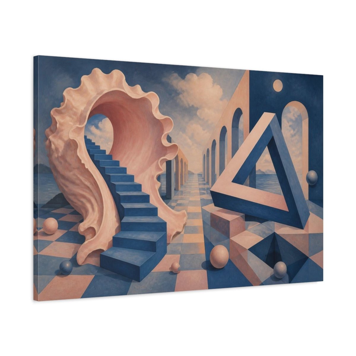 Main Mockup. Seashell Staircase Illusion shown as canvas print