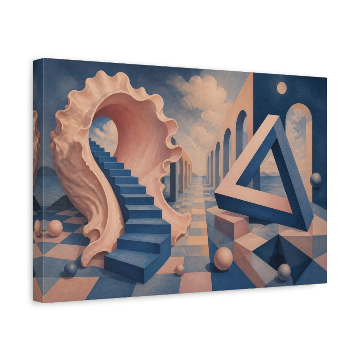 Side Mockup 4. Seashell Staircase Illusion shown as canvas print