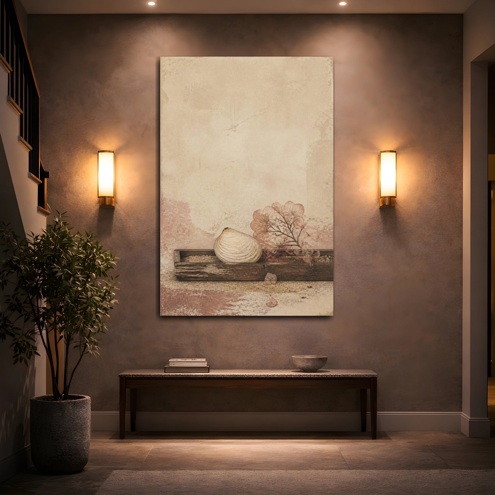 Mockup 2. Seashell Wabi Sabi Still Life shown as canvas print