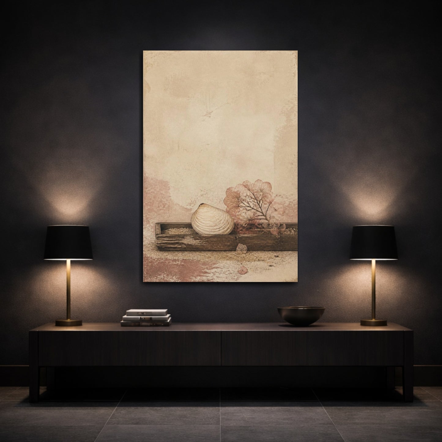 Mockup 3. Seashell Wabi Sabi Still Life shown as canvas print