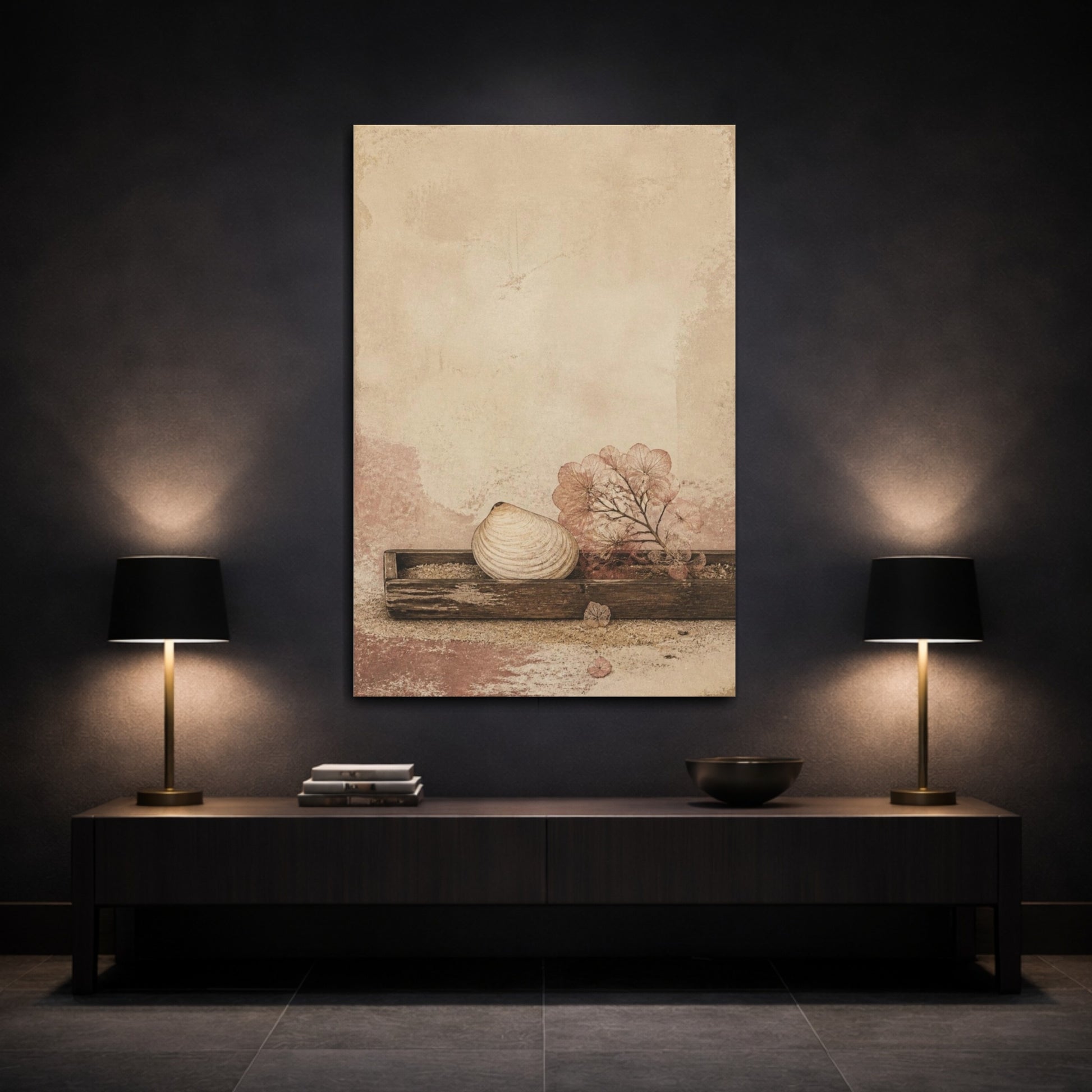 Mockup 3. Seashell Wabi Sabi Still Life shown as canvas print