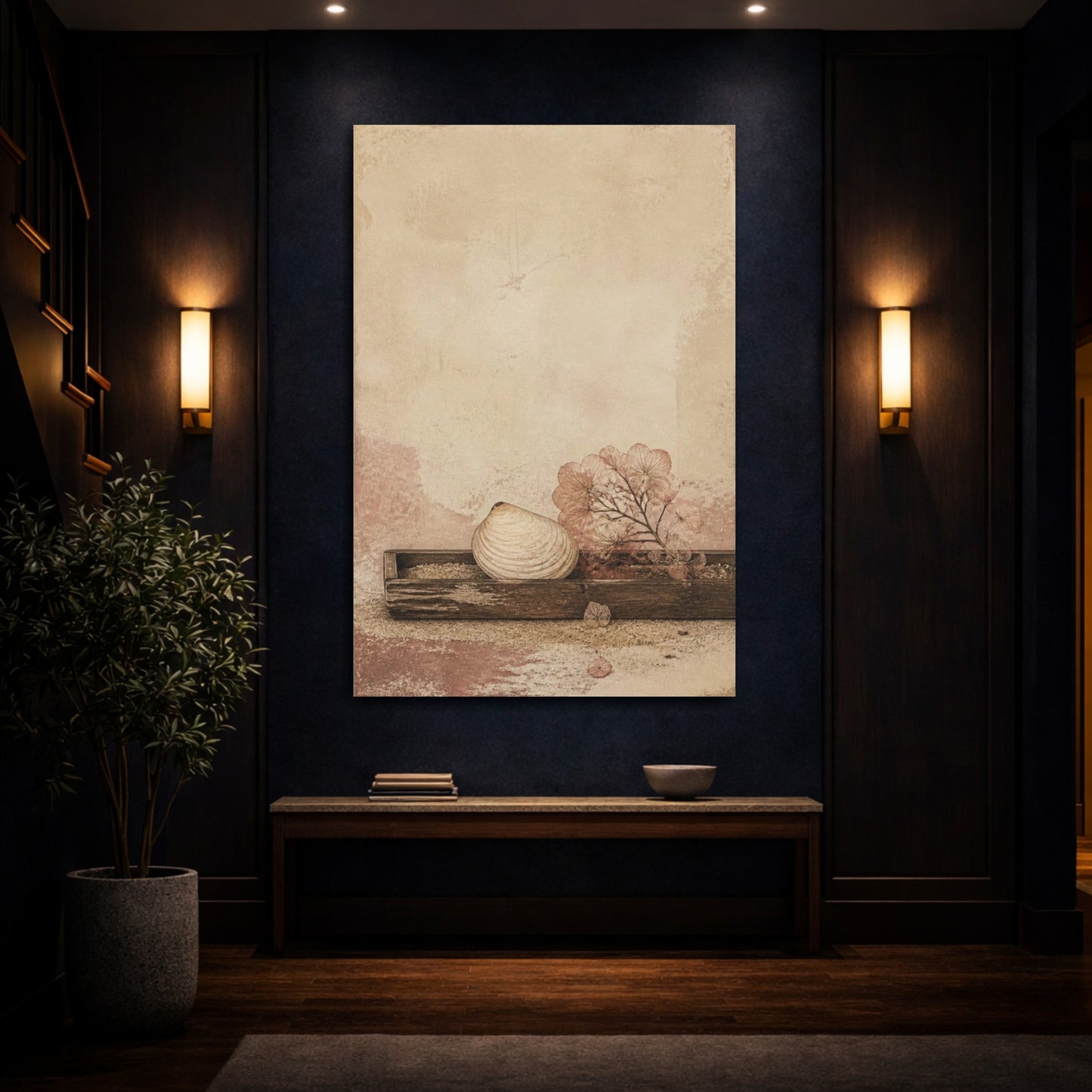 Mockup 4. Seashell Wabi Sabi Still Life shown as canvas print