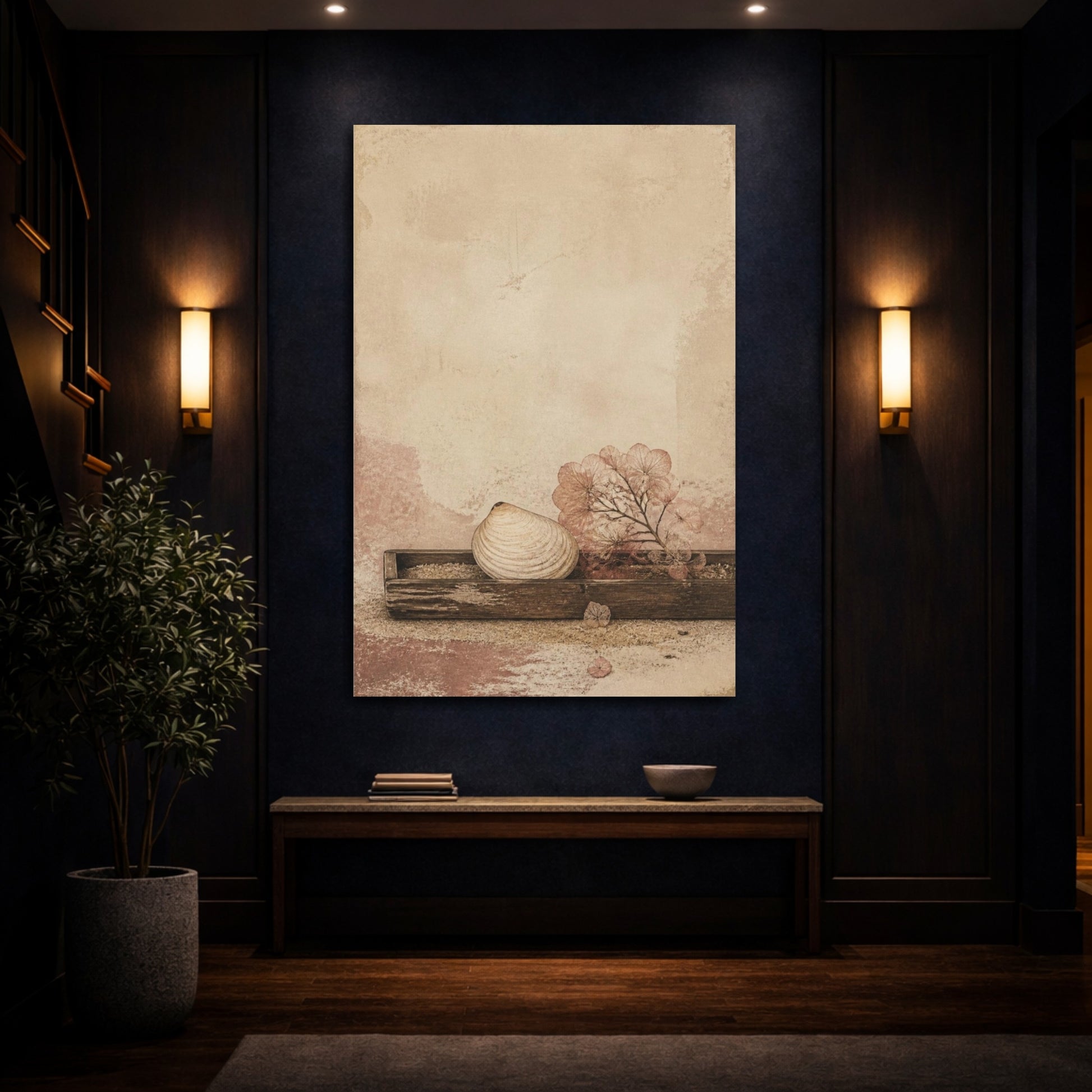 Mockup 4. Seashell Wabi Sabi Still Life shown as canvas print