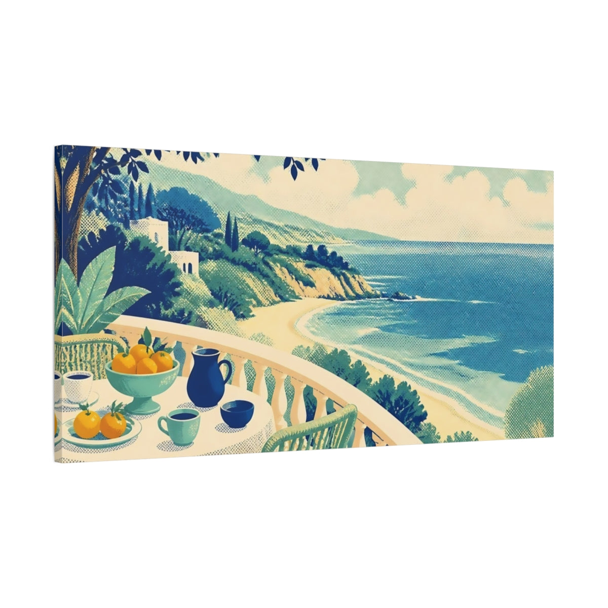 Main Mockup. Seaside Balcony Breakfast shown as canvas print