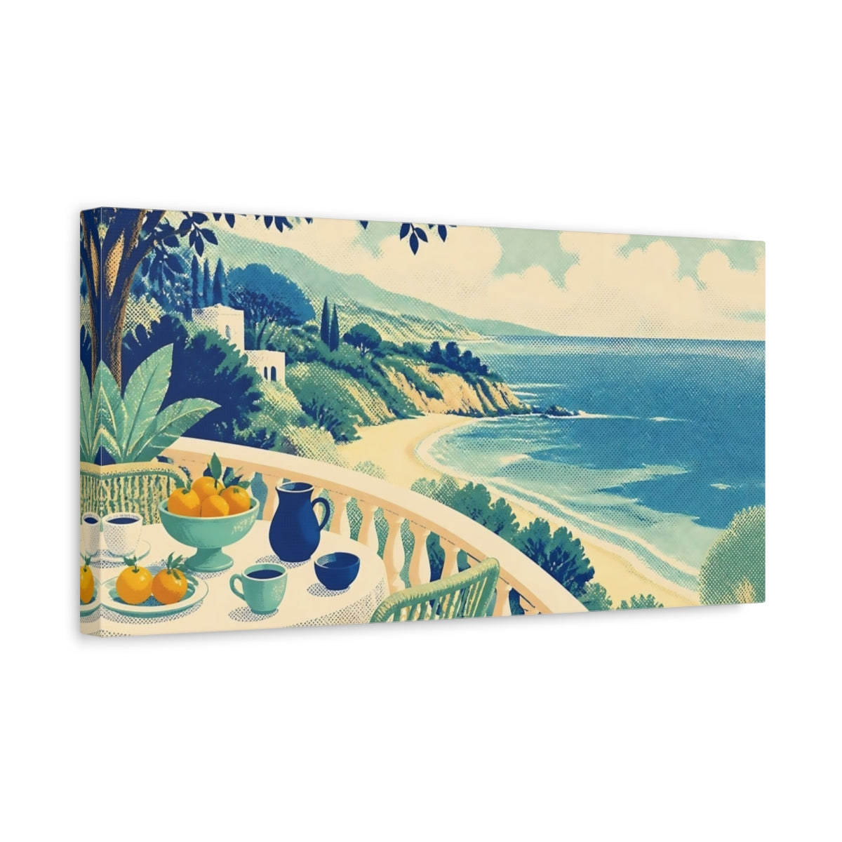 Side Mockup 3. Seaside Balcony Breakfast shown as canvas print