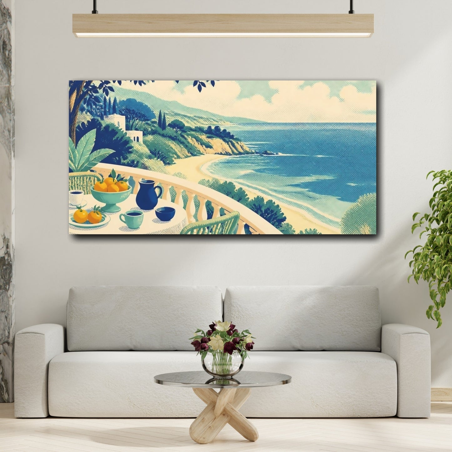 Mockup 2. Seaside Balcony Breakfast shown as canvas print
