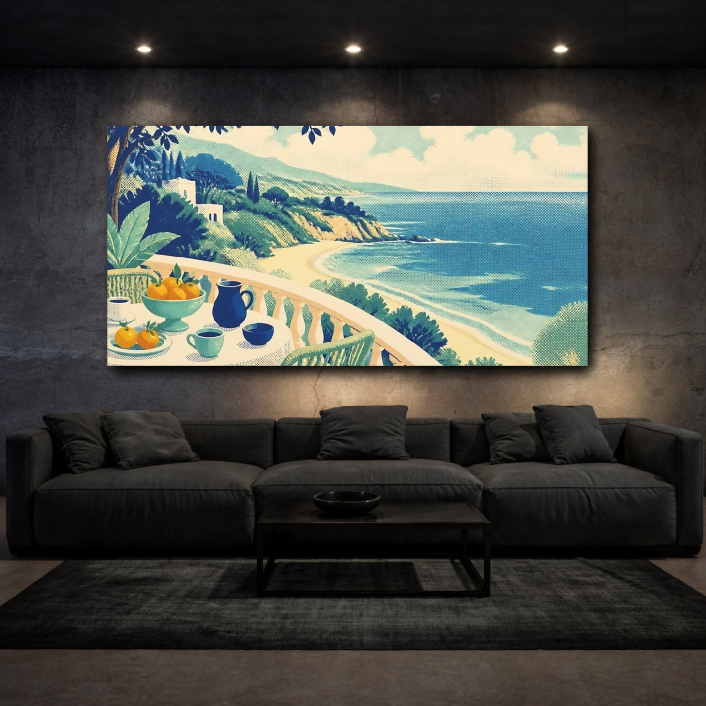 Mockup 3. Seaside Balcony Breakfast shown as canvas print