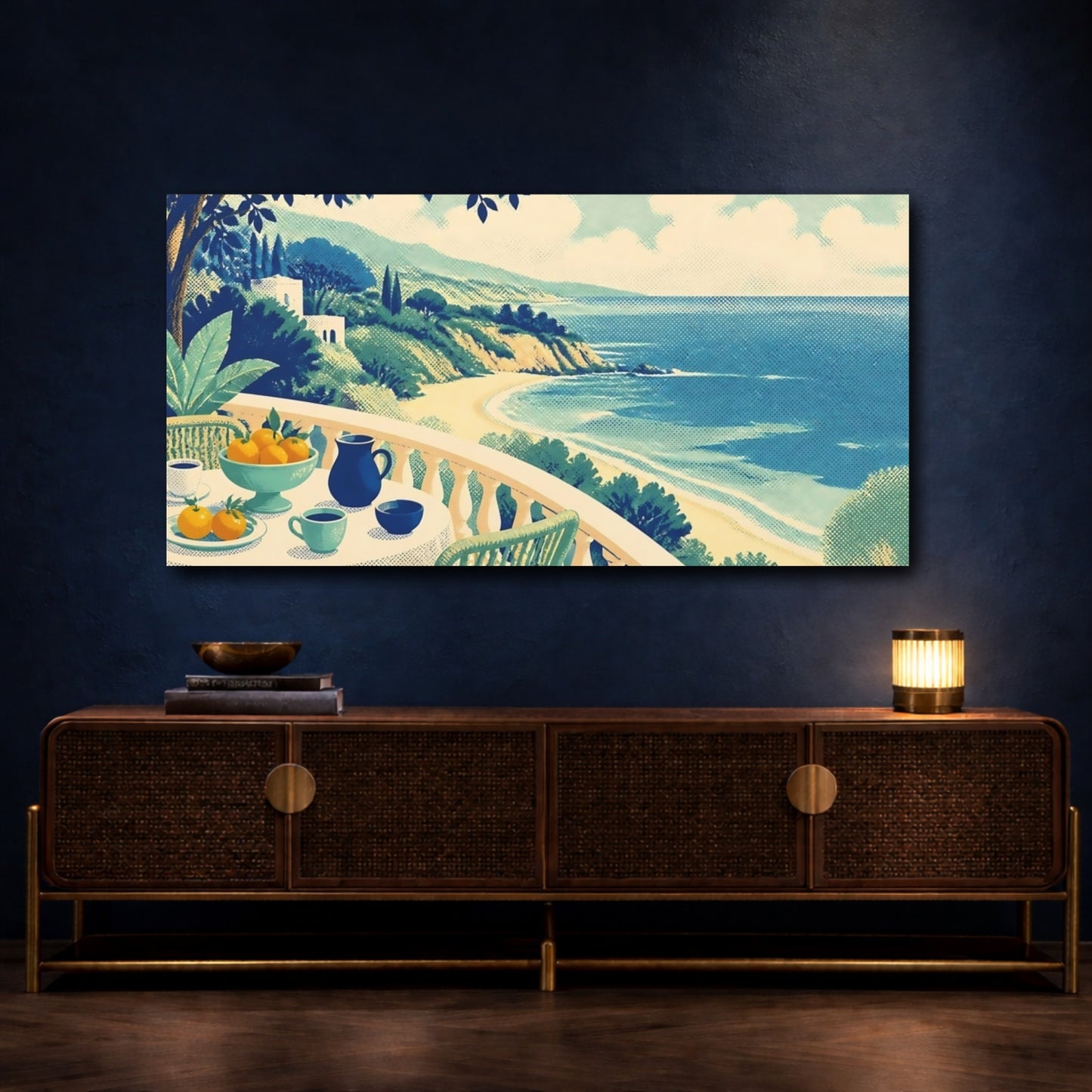Mockup 4. Seaside Balcony Breakfast shown as canvas print